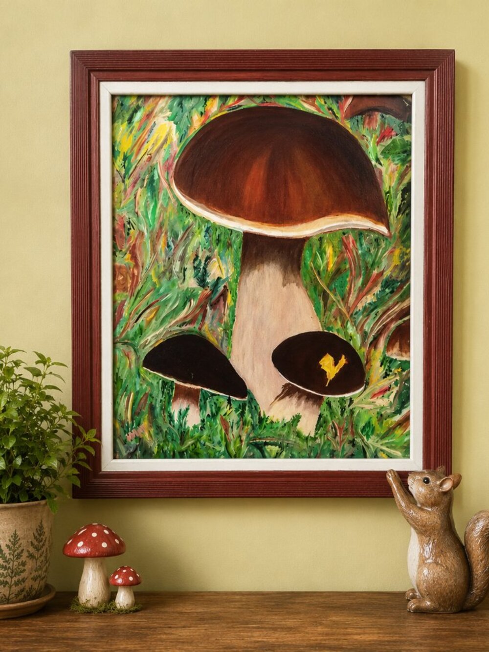 Vintage Mushroom Painting by Helen McGrath (1999) – Framed Woodland Art